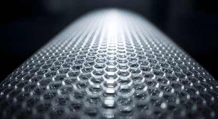A close-up, abstract view of a metallic hexagonal pattern with a bright light source at the top.の素材