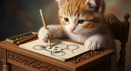 A cute ginger kitten intently drawing a mouse on paper with a pencil, sitting at a vintage wooden desk with art supplies.の素材