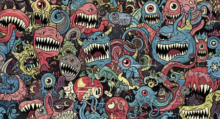 This image features a dense arrangement of quirky, hand-drawn monsters in a variety of bright colors and whimsical shapes, perfect for a fun and energetic design.の素材