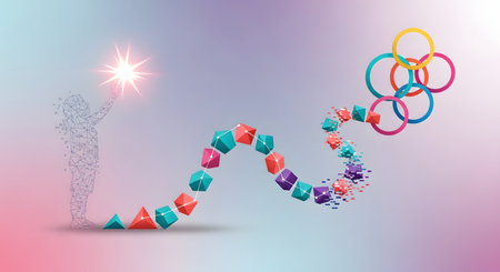 A stylized figure reaching for a bright light, connected by a colorful, winding path to the Olympic rings, symbolizing aspiration and victory.の素材