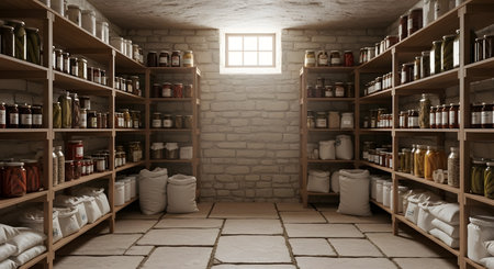 A well-stocked pantry or cellar filled with preserved foods, grains, and supplies, organized on wooden shelves.の素材