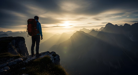 A lone hiker stands on a rocky precipice, gazing at a breathtaking sunrise over a vast mountain range, bathed in golden light and dramatic clouds.の素材