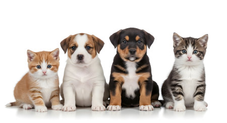 A heartwarming studio portrait of two cute puppies and two fluffy kittens sitting side-by-side against a clean white background.の素材