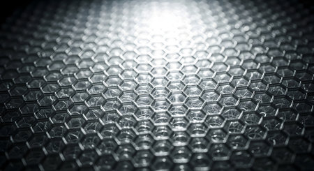 A close-up, abstract view of a metallic surface with a repeating hexagonal pattern, illuminated by a bright light source creating a sense of depth and texture.の素材