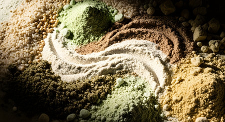 A close-up, top-down view of various natural powders and grains arranged in a swirling pattern, showcasing earthy colors and textures.の素材