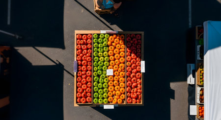 A vibrant overhead shot showcases a crate brimming with colorful apples, neatly arranged by shade from red to green, at a bustling outdoor market.の素材