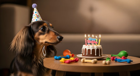 A cute long-haired dachshund dog sits at a table wearing a party hat, looking at a birthday cake with lit candles and surrounded by dog toys.の素材