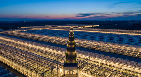 Expansive greenhouses illuminated at dusk, showcasing rows of artificial lights stretching into the distance under a twilight sky.の素材