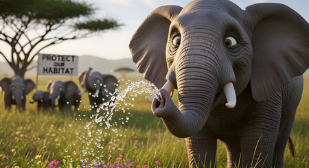 A cute, animated elephant playfully sprays water from its trunk in a sunny African savanna. A sign advocating for habitat protection is visible in the background.の素材