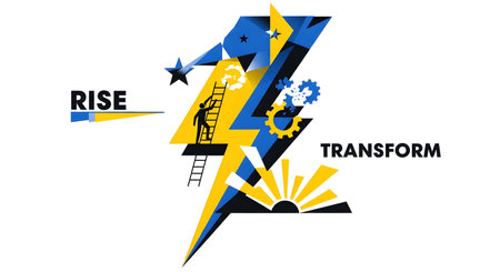 Dynamic abstract illustration featuring a stylized lightning bolt, symbolizing change and progress. Includes elements like gears, a ladder, a star, and a rising sun.の素材