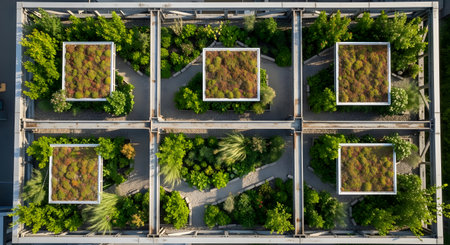 Top-down view of a contemporary building featuring a vibrant green roof, complete with diverse plants, trees, and integrated seating spaces for relaxation.の素材
