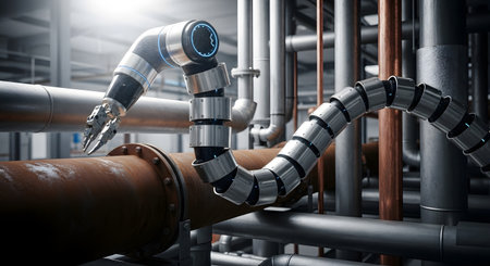 A flexible, segmented robotic arm with a gripper end effector is carefully examining a network of industrial pipes, suggesting inspection or maintenance in a manufacturing or processing plant.の素材