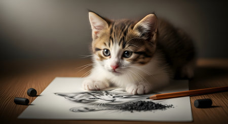 A cute tabby kitten curiously observes its drawing on a piece of paper, surrounded by art supplies.の素材
