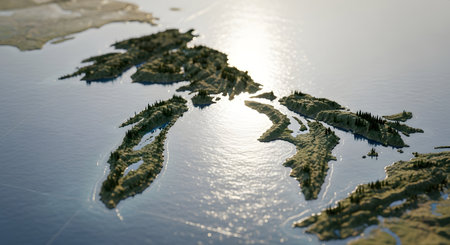 An aerial perspective showcases the vastness of the Great Lakes, highlighting islands and the shimmering reflection of sunlight on the waters surface.の素材