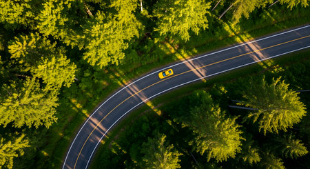 Top-down drone shot of a vibrant yellow car navigating a scenic, curved asphalt road surrounded by dense, sun-dappled evergreen trees.の素材