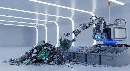 A high-tech robotic excavator arm meticulously sorts through a pile of electronic waste, separating components in a clean, modern recycling plant.の素材