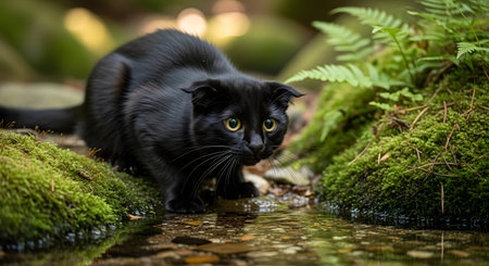 A black cat with striking green eyes and folded ears is captured in a moment of intense focus, crouching low beside a shallow, reflective stream. The surrounding environment is lush and green, with moss-covered rocks and ferns adding to the natural, wild atmosphere.の素材