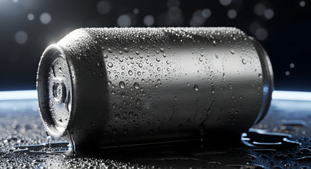 A close-up shot of a dark, metallic can covered in condensation, resting on a wet, reflective surface with bokeh lights in the background.の素材