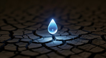 A single, luminous water droplet rests on parched, cracked earth, representing scarcity and the preciousness of water.の素材