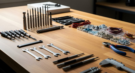 A wooden workbench is laid out with an array of tools including screwdrivers, wrenches, pliers, and various small hardware components like screws and nuts.の素材