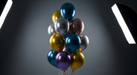A striking arrangement of colorful metallic balloons, including shades of blue, silver, gold, and purple, captured in a studio setting with professional lighting.の素材
