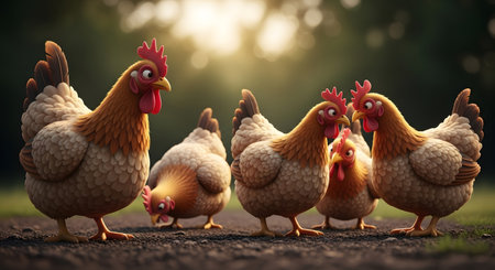 A charming illustration features a flock of cartoon chickens with expressive eyes gathered in a grassy outdoor setting, bathed in warm sunlight.の素材