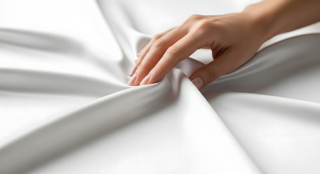 Close up of a womans hand feeling the smooth texture of a clean white bedsheet. The soft fabric is creased, highlighting its luxurious and comfortable quality.の素材