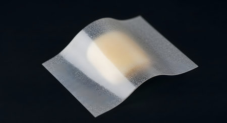 A close-up shot of a white medical bandage with a gauze pad, isolated on a plain black background.の素材