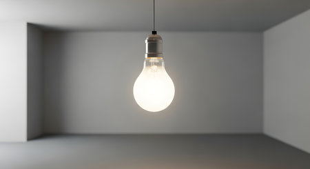 A solitary incandescent light bulb illuminates a stark, empty room with grey walls and floor. A concept for ideas, creativity, loneliness, or minimalism.の素材