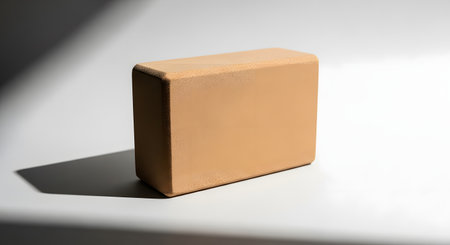 A close-up shot of a single, light brown yoga block positioned on a white surface. Natural light casts a strong shadow, creating a dramatic contrast.の素材