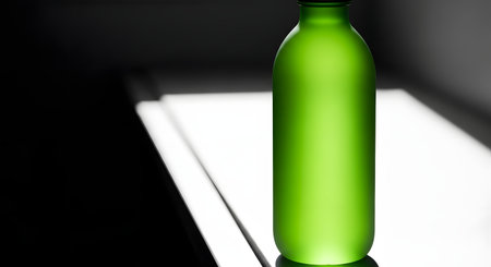 A single, matte green bottle is captured in a studio setting, with stark contrasts between light and shadow creating a dramatic visual effect.の素材