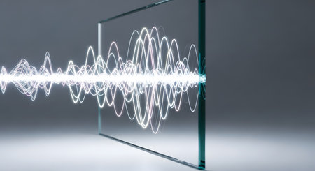 A dynamic visualization of a sound wave, depicted as a bright, energetic light pattern, striking and interacting with a clear glass panel, creating a sense of energy transfer and visual representation of sound.の素材