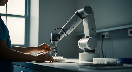 A close-up view of a sophisticated robotic arm precisely manipulating samples in a modern laboratory setting, highlighting automation in scientific discovery.の素材