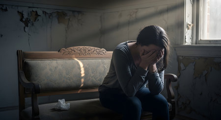 A woman sits on an old couch in a dimly lit room, her face buried in her hands. Sunlight streams through a window, highlighting dust motes in the air.の素材