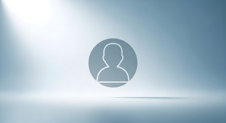 A clean user avatar or person silhouette icon inside a circle, set against a cool-toned, abstract background with a grid and soft light rays. Ideal for concepts like digital identity, user accounts, social media, or corporate profiles.の素材