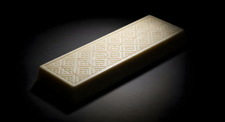 A close-up shot of a gold bar with a repeating geometric pattern on its surface, set against a dark, moody background.の素材