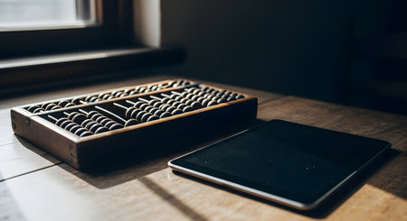 A vintage wooden abacus rests next to a sleek black tablet on a weathered wooden surface, highlighting the contrast between old and new calculation tools.の素材
