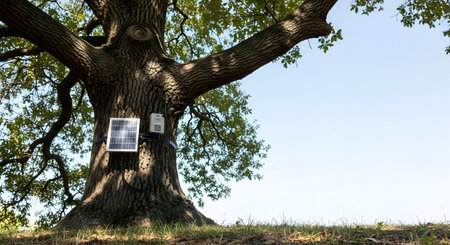 A majestic, old oak tree stands tall in a sunlit field, its thick trunk adorned with two small plaques, set against a clear blue sky.の素材