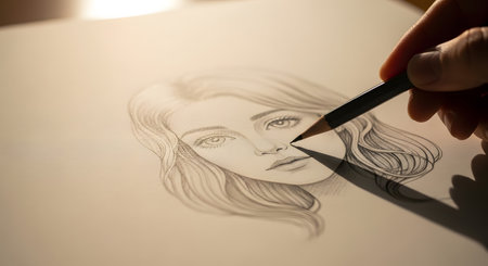 Close-up of an artists hand drawing a portrait of a woman with a pencil, highlighting the creative process.の素材