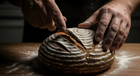 A bakers hands expertly score a rustic sourdough loaf with a sharp blade, creating intricate patterns before baking.の素材