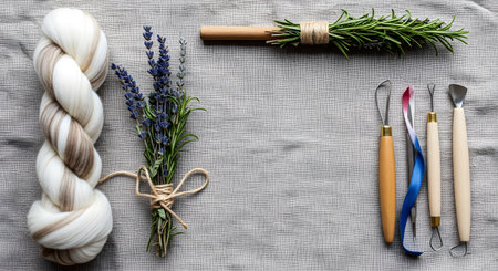 Top view flat lay of crafting materials including a skein of yarn, fresh lavender, a rosemary brush, and clay sculpting tools on a textured gray linen background.の素材