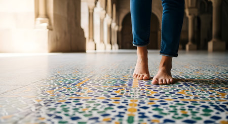 Close-up of a persons bare feet walking on a colorful, intricate mosaic tile floor inside an old, architecturally rich building.の素材