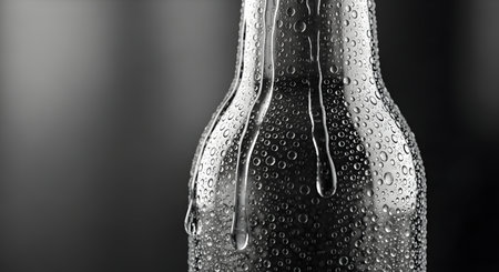 A close-up, black and white photograph captures the condensation on a glass bottle, highlighting the refreshing nature of a cold beverage.の素材