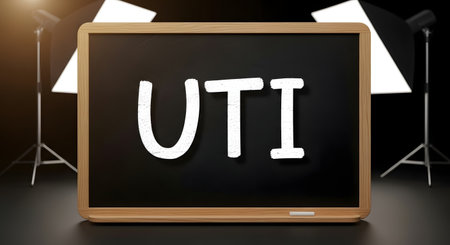 A black chalkboard with the acronym UTI written in bold white letters. The board is set up in a studio with professional lighting.の素材