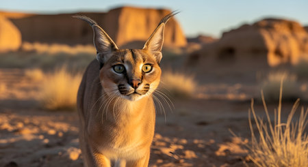 A close-up portrait of a caracal cat with distinctive ear tufts, looking directly at the camera in a dry, arid desert environment during golden hour.の素材