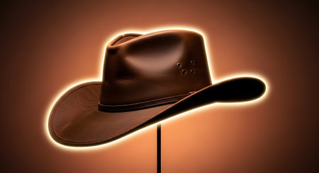 A detailed shot of a classic brown cowboy hat, illuminated by a subtle glowing aura, set against a warm, gradient background.の素材