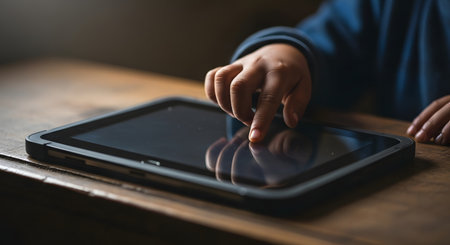 Close-up of a childs finger touching a tablet screen, highlighting digital interaction and learning.の素材