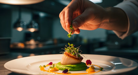 Close-up of a chefs hands delicately placing microgreens on a beautifully plated gourmet meal, showcasing culinary artistry.の素材
