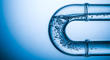 Close-up of clear water with bubbles flowing through a transparent pipe, highlighting the movement and clarity of the liquid.の素材