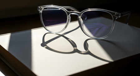 A pair of clear-rimmed eyeglasses lies on a closed book, illuminated by strong sunlight casting distinct shadows.の素材